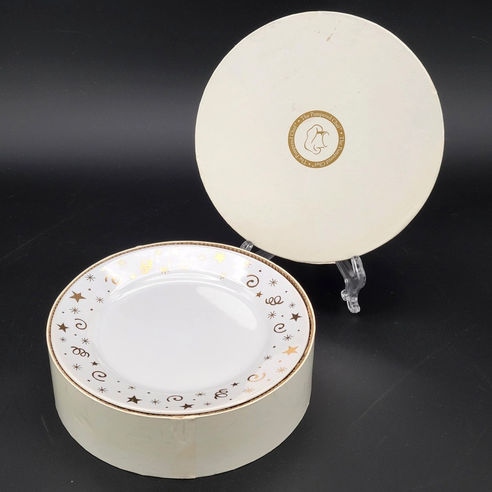 Pampered Chef Celebration Dessert Salad Plates Set 4 Gold Stars 8" NIB